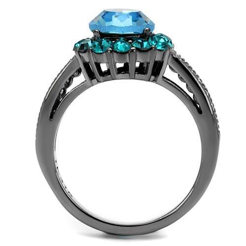 TK2716 - IP Light Black  (IP Gun) Stainless Steel Ring with Top Grade Crystal  in Sea Blue-2