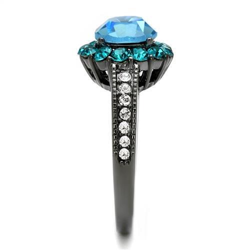 TK2716 - IP Light Black  (IP Gun) Stainless Steel Ring with Top Grade Crystal  in Sea Blue-3