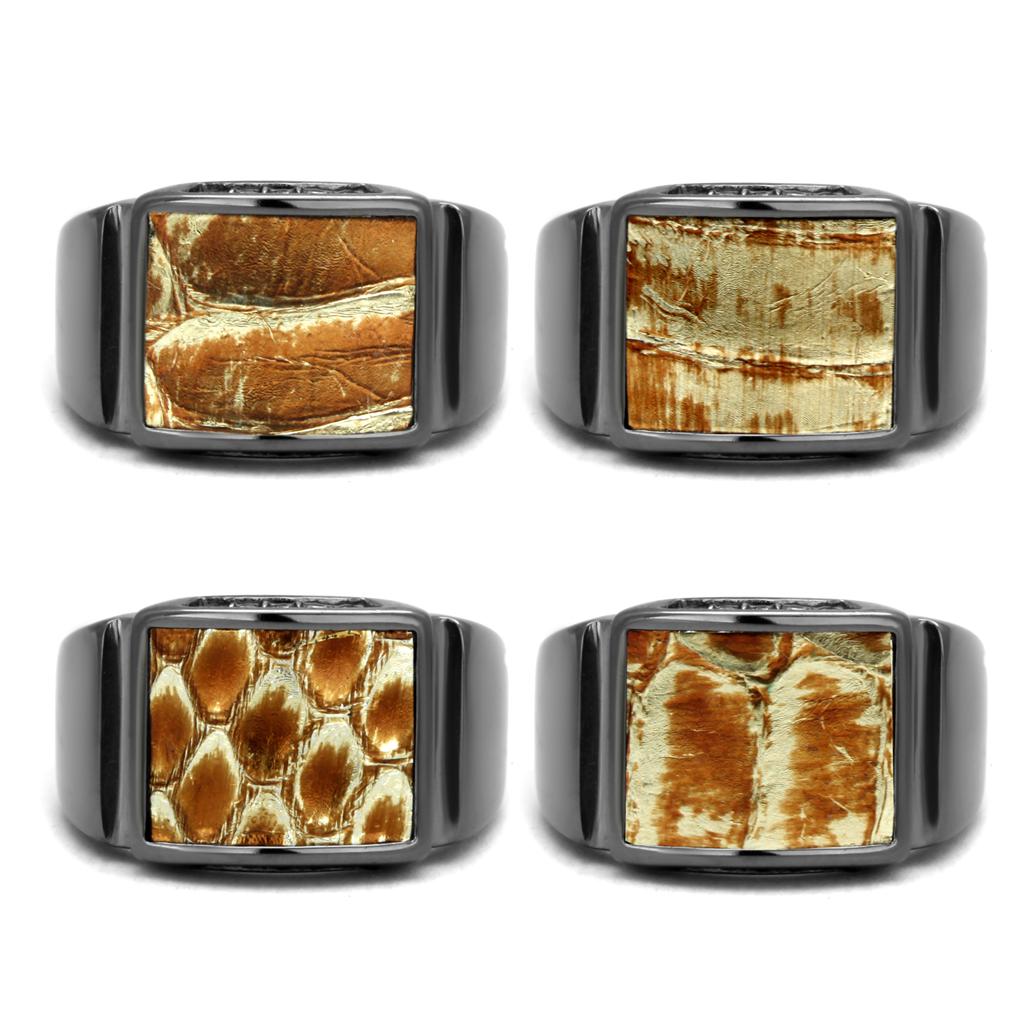 TK2738 - IP Light Black  (IP Gun) Stainless Steel Ring with Leather  in Brown-4