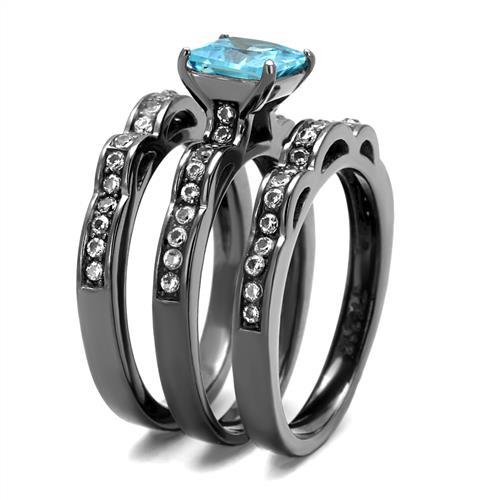 TK2748 - IP Light Black  (IP Gun) Stainless Steel Ring with AAA Grade CZ  in Sea Blue-3