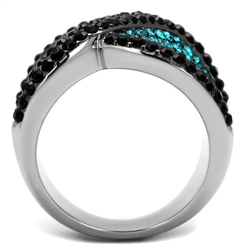 TK2764 - Two-Tone IP Black Stainless Steel Ring with Top Grade Crystal  in Blue Zircon-2