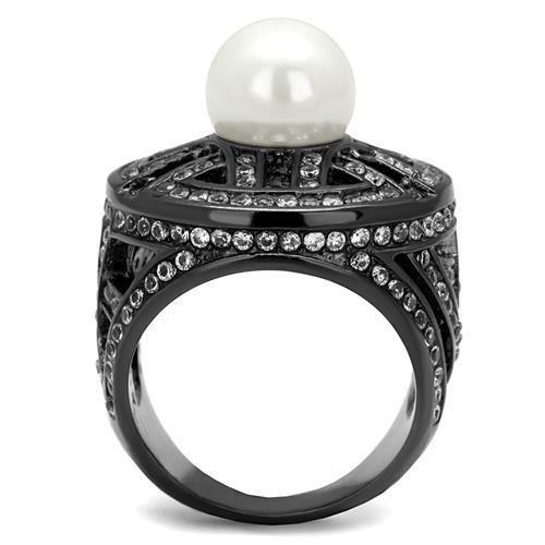 TK2771 - IP Light Black  (IP Gun) Stainless Steel Ring with Synthetic Pearl in White-2