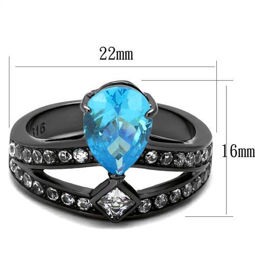 TK2775 - IP Light Black  (IP Gun) Stainless Steel Ring with AAA Grade CZ  in Sea Blue-1