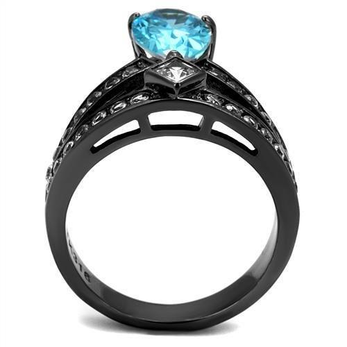 TK2775 - IP Light Black  (IP Gun) Stainless Steel Ring with AAA Grade CZ  in Sea Blue-2