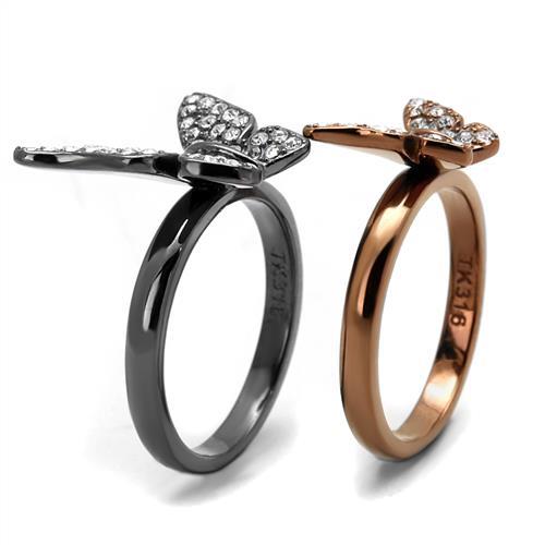 TK2806 - IP Light Black & IP Light coffee Stainless Steel Ring with Top Grade Crystal  in Clear-3