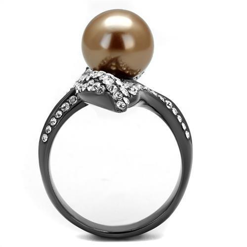 TK2834 - IP Light Black  (IP Gun) Stainless Steel Ring with Synthetic Pearl in Brown-2