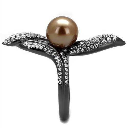 TK2834 - IP Light Black  (IP Gun) Stainless Steel Ring with Synthetic Pearl in Brown-3