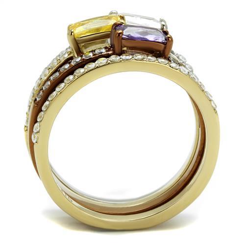 TK2960 - Three Tone (IP Gold & IP Light coffee & High Polished) Stainless Steel Ring with AAA Grade CZ  in Multi Color-2