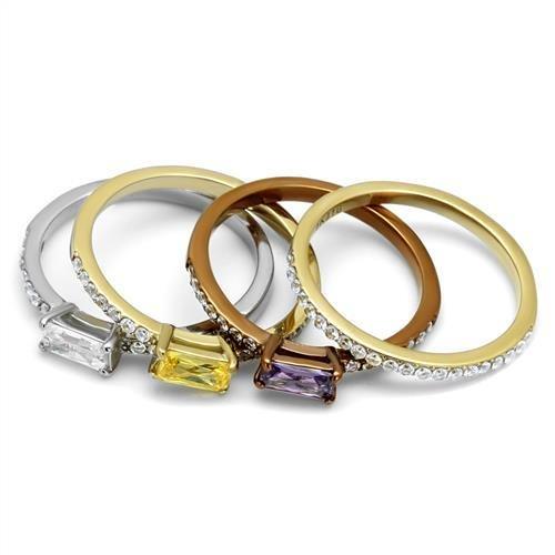 TK2960 - Three Tone (IP Gold & IP Light coffee & High Polished) Stainless Steel Ring with AAA Grade CZ  in Multi Color-4
