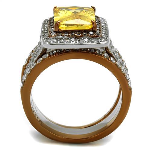 TK2962 - Two Tone IP Light Brown (IP Light coffee) Stainless Steel Ring with AAA Grade CZ  in Topaz-2