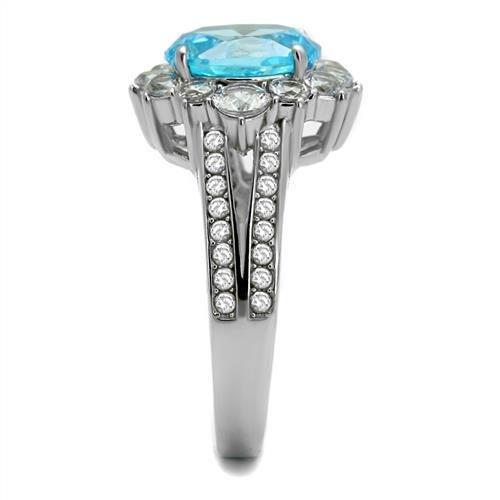 TK2977 - High polished (no plating) Stainless Steel Ring with AAA Grade CZ  in Sea Blue-3