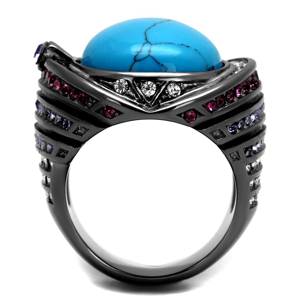 TK2983 - IP Light Black  (IP Gun) Stainless Steel Ring with Synthetic Turquoise in Sea Blue-2