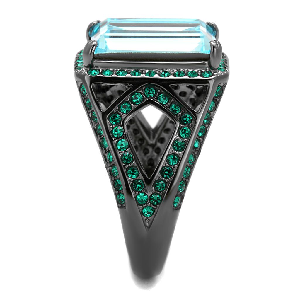 TK2988 - IP Light Black  (IP Gun) Stainless Steel Ring with Top Grade Crystal  in Sea Blue-3