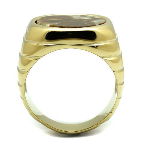TK3017 - IP Gold(Ion Plating) Stainless Steel Ring with Semi-Precious Oligoclase in Smoked Quartz-2