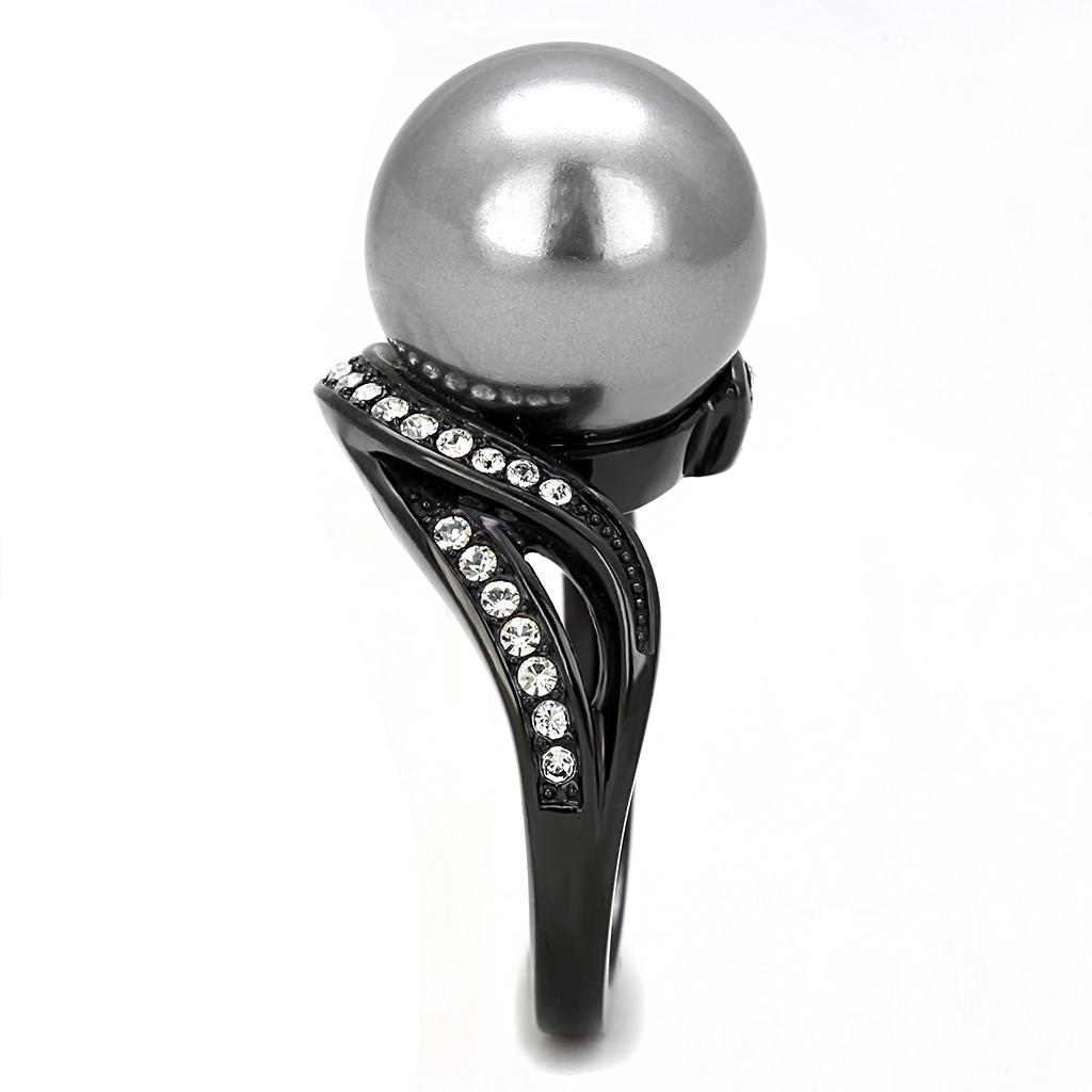 TK3052 - IP Black(Ion Plating) Stainless Steel Ring with Synthetic Pearl in Gray-3