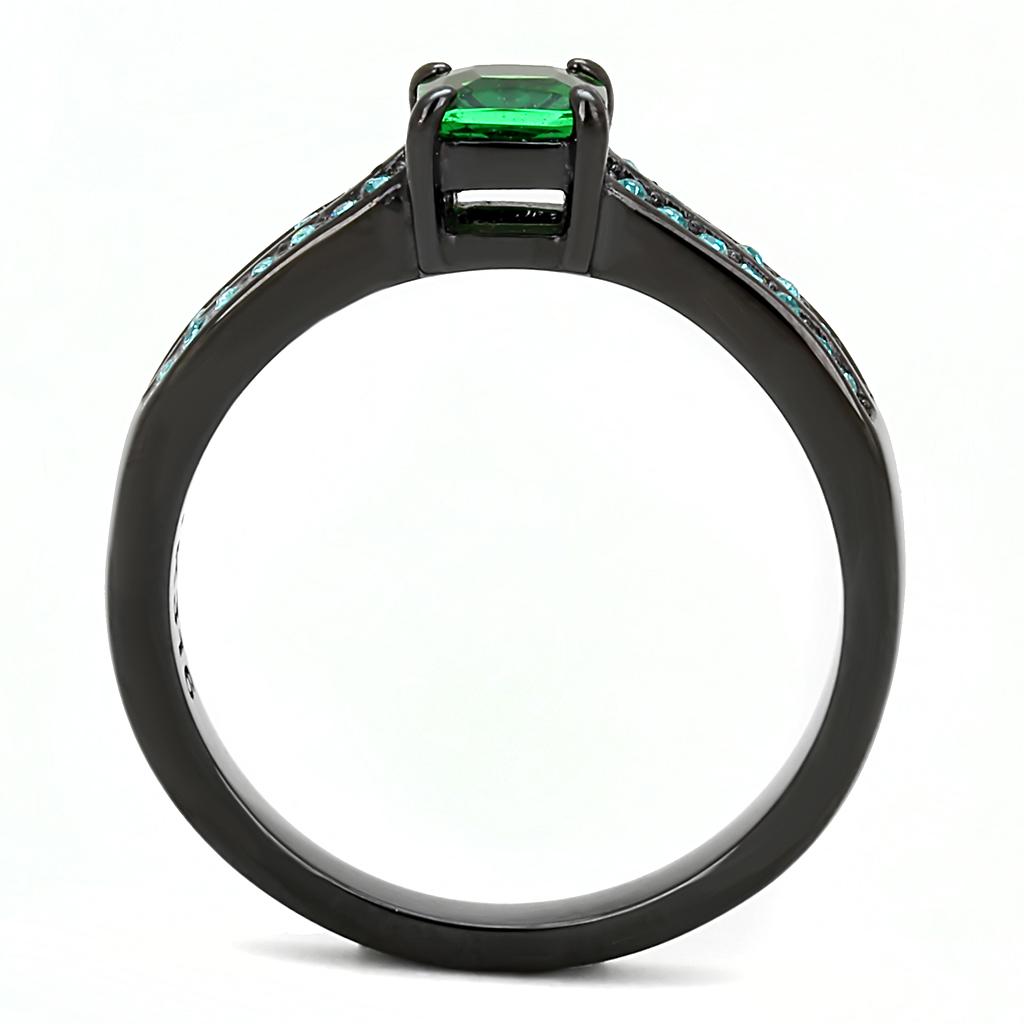 TK3064 - IP Black(Ion Plating) Stainless Steel Ring with Synthetic Synthetic Glass in Emerald-2