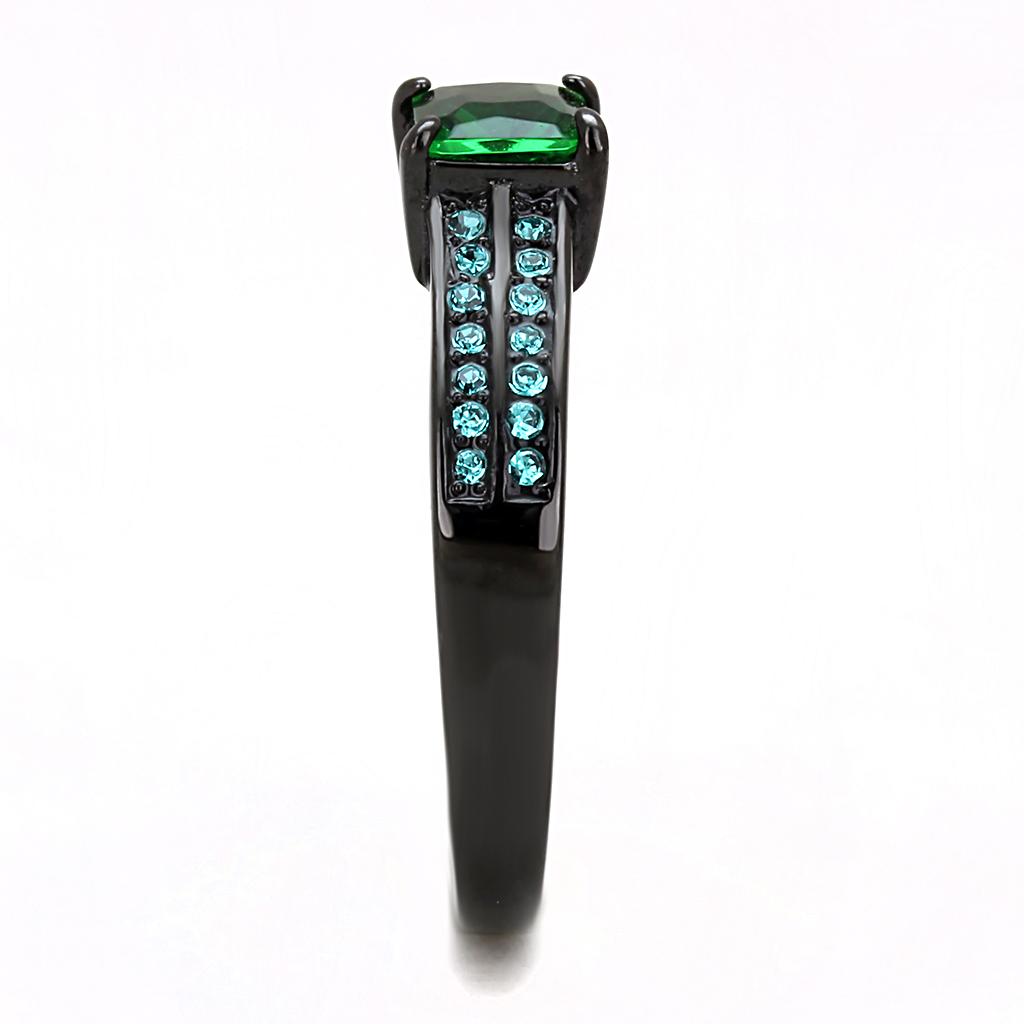 TK3064 - IP Black(Ion Plating) Stainless Steel Ring with Synthetic Synthetic Glass in Emerald-3