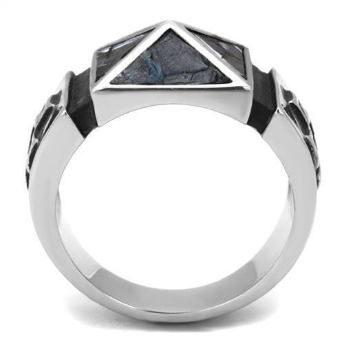 TK3075 - High polished (no plating) Stainless Steel Ring with Leather  in Jet-2