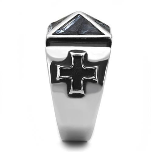 TK3075 - High polished (no plating) Stainless Steel Ring with Leather  in Jet-3