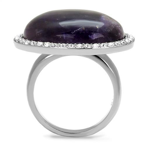 TK3083 - High polished (no plating) Stainless Steel Ring with Semi-Precious Amethyst Crystal in Amethyst-2