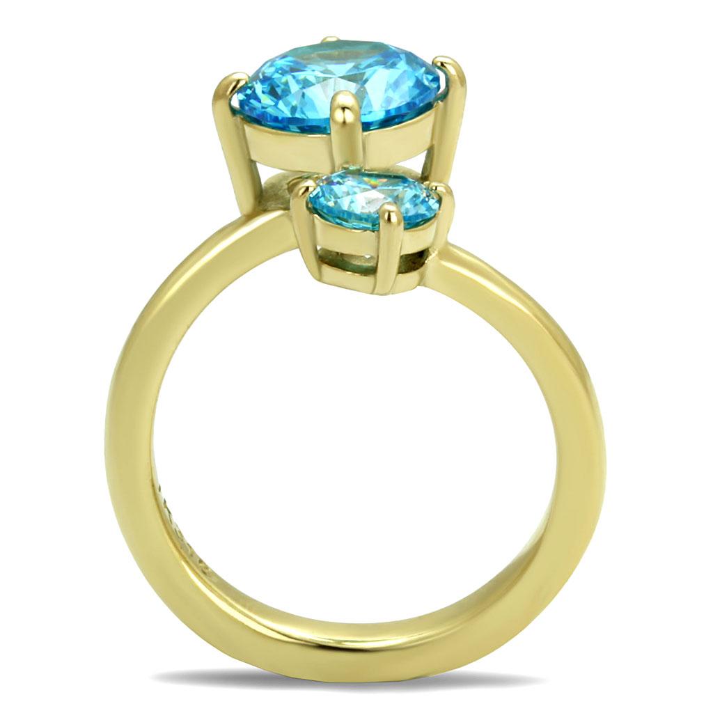 TK3092 - IP Gold(Ion Plating) Stainless Steel Ring with AAA Grade CZ  in Sea Blue-2