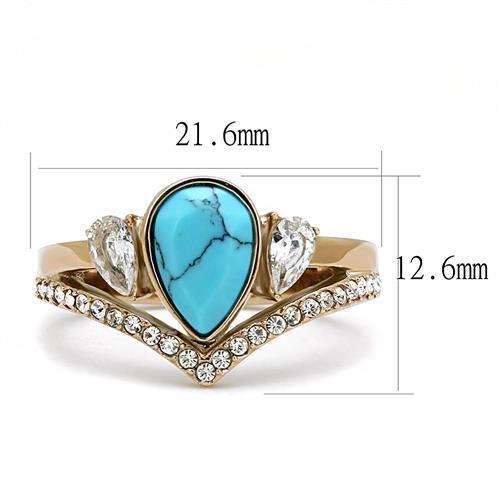 TK3200 - IP Rose Gold(Ion Plating) Stainless Steel Ring with Synthetic Turquoise in Sea Blue-1