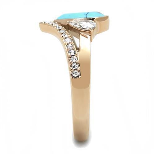 TK3200 - IP Rose Gold(Ion Plating) Stainless Steel Ring with Synthetic Turquoise in Sea Blue-3