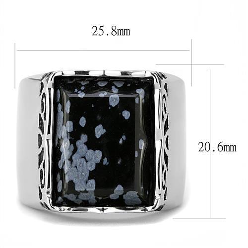 TK3230 - High polished (no plating) Stainless Steel Ring with Semi-Precious Snowflake Obsidian in Jet-1