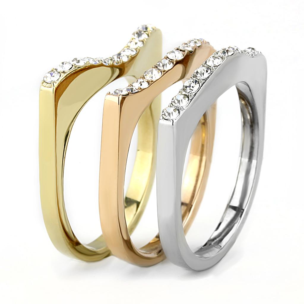 TK3234 - Three Tone (IP Gold & IP Rose Gold & High Polished) Stainless Steel Ring with Top Grade Crystal  in Clear-3