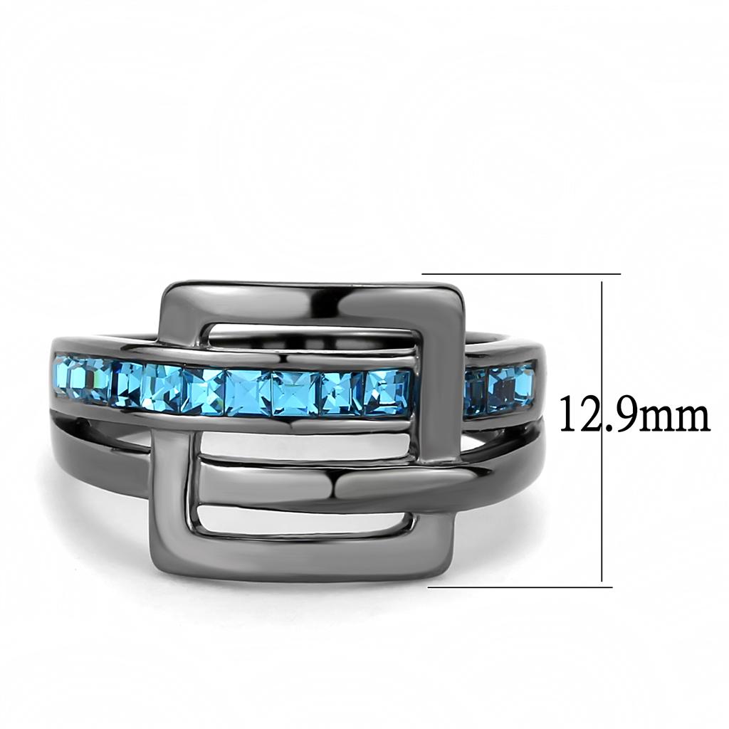 TK3451 - IP Light Black  (IP Gun) Stainless Steel Ring with Top Grade Crystal  in Sea Blue-1