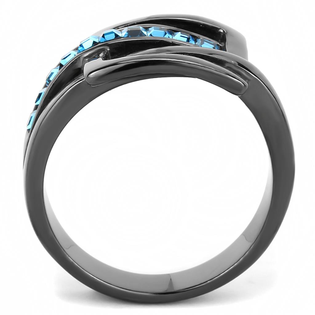 TK3451 - IP Light Black  (IP Gun) Stainless Steel Ring with Top Grade Crystal  in Sea Blue-2