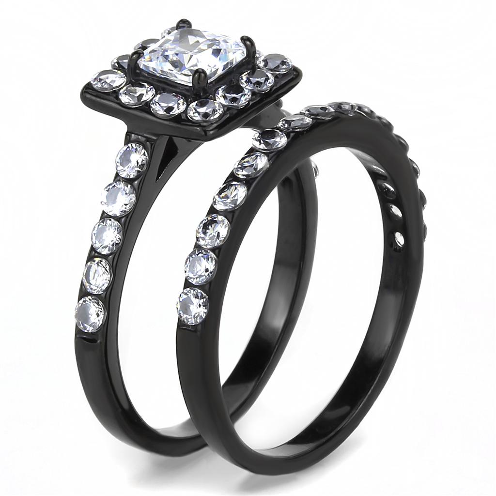 TK3458 - IP Black(Ion Plating) Stainless Steel Ring with AAA Grade CZ  in Clear-3