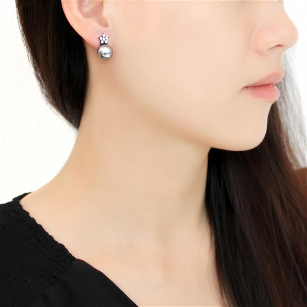 TK3482 - IP Black(Ion Plating) Stainless Steel Earrings with Synthetic Pearl in Light Gray-2