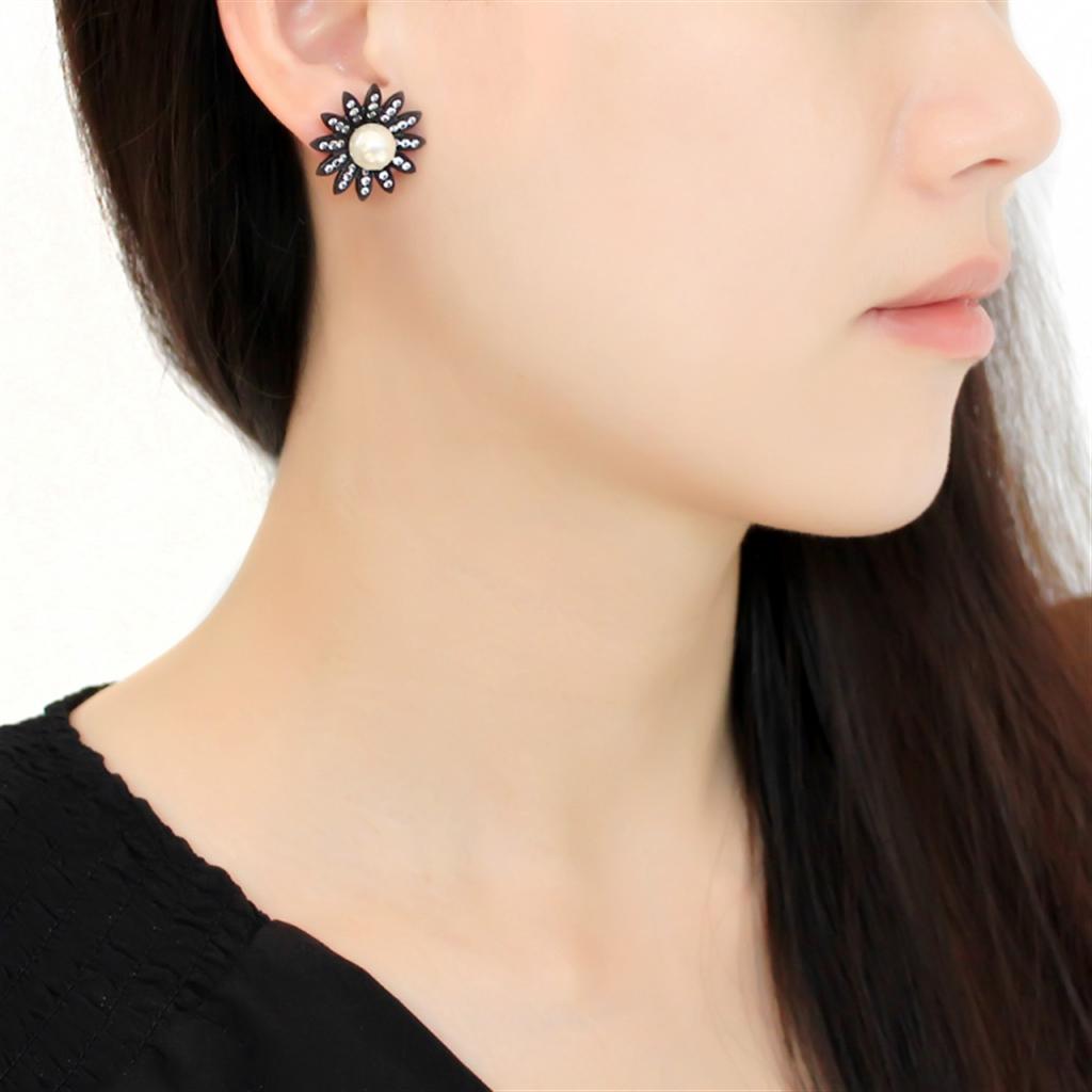 TK3484 - IP Black(Ion Plating) Stainless Steel Earrings with Synthetic Pearl in White-2