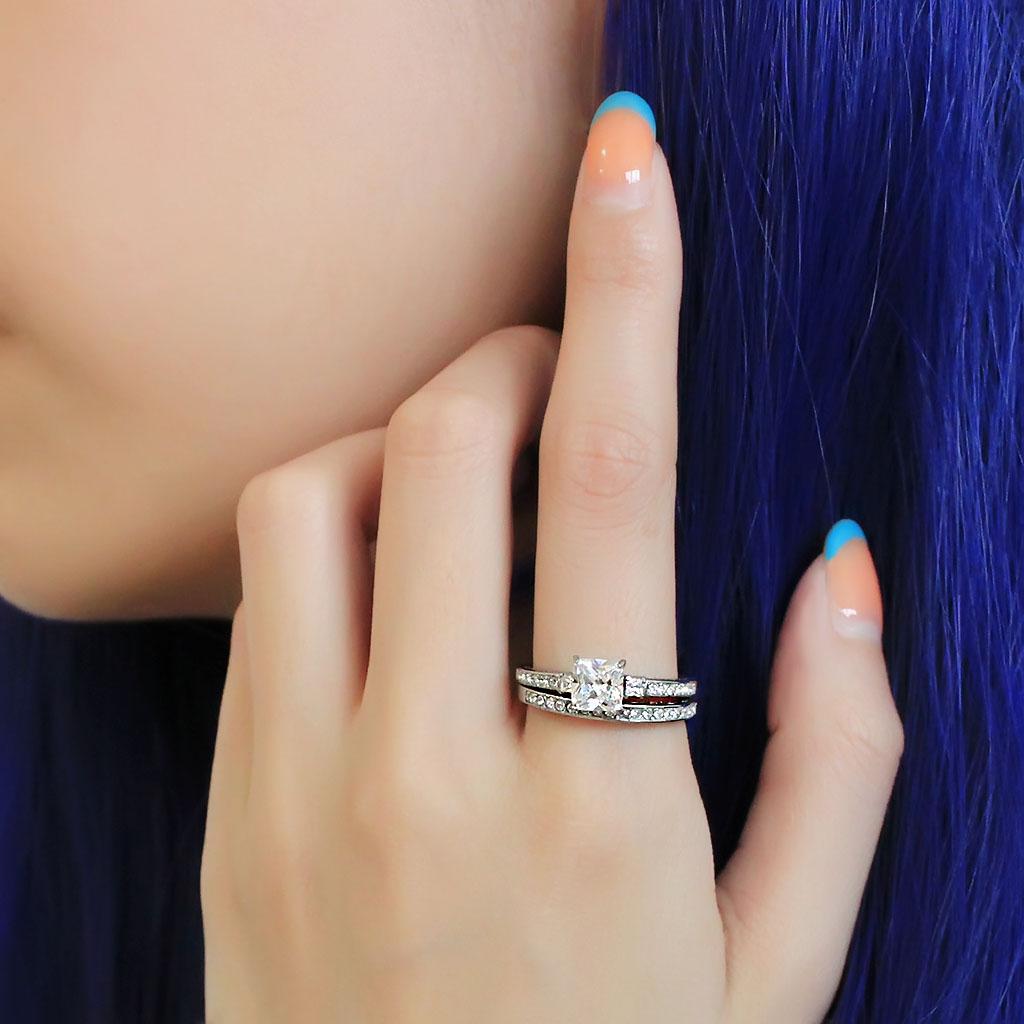 TK3510 - High polished (no plating) Stainless Steel Ring with AAA Grade CZ  in Clear-4