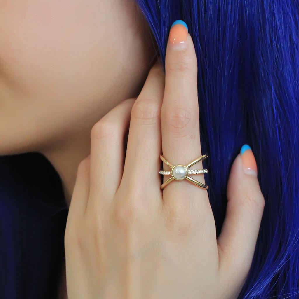 TK3522 - IP Gold(Ion Plating) Stainless Steel Ring with Synthetic Pearl in White-4