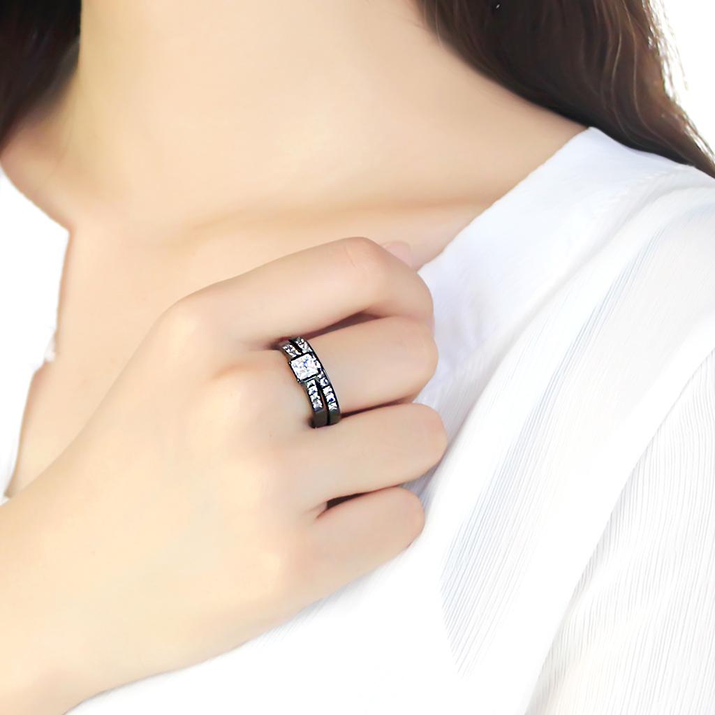 TK3555 - IP Black(Ion Plating) Stainless Steel Ring with AAA Grade CZ  in Clear-4