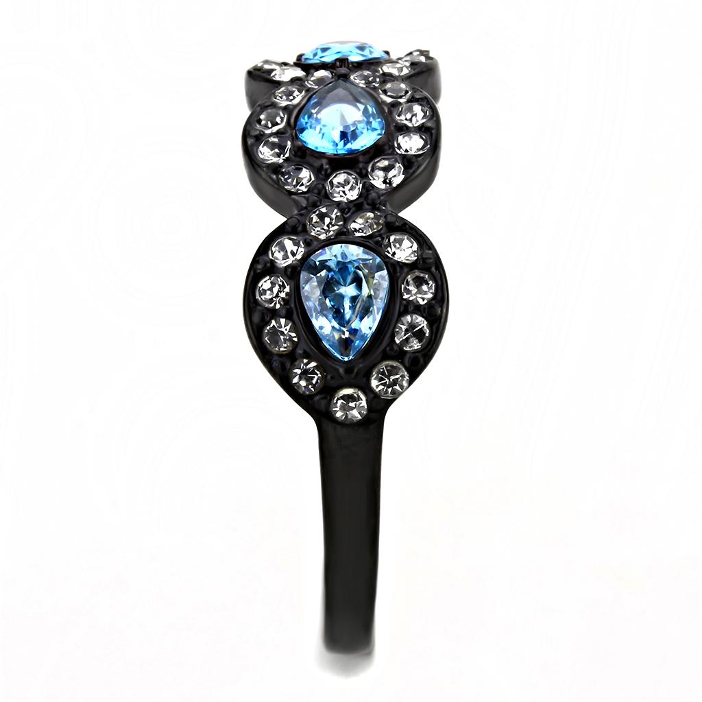 TK3559 - IP Black(Ion Plating) Stainless Steel Ring with AAA Grade CZ  in Sea Blue-3
