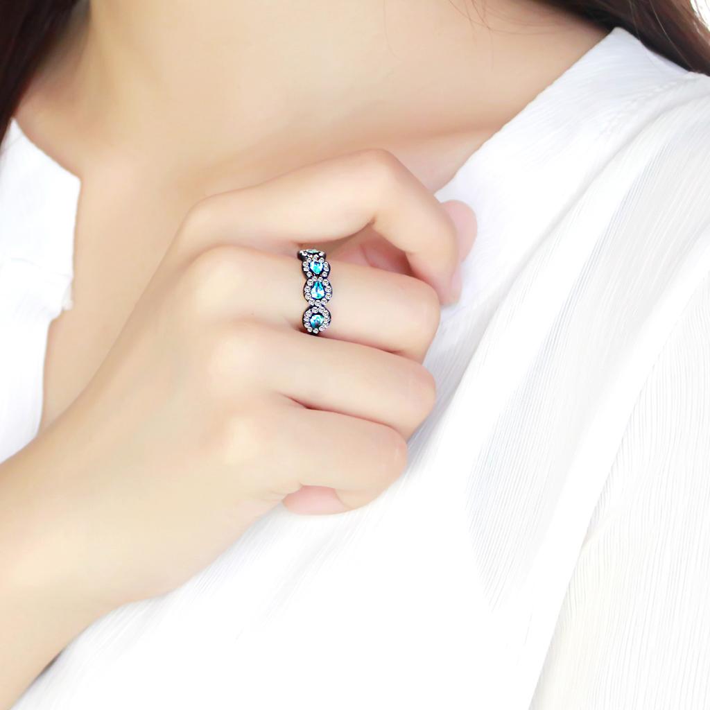 TK3559 - IP Black(Ion Plating) Stainless Steel Ring with AAA Grade CZ  in Sea Blue-4
