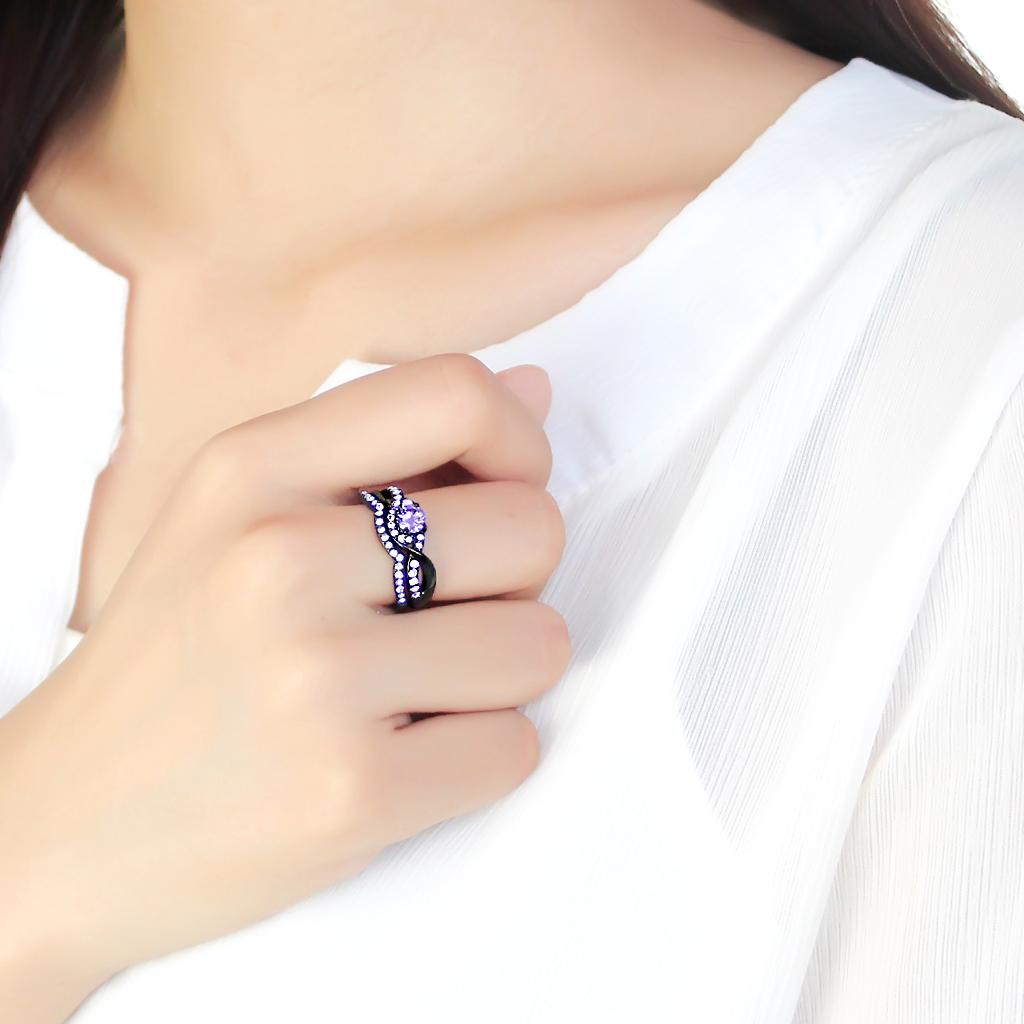 TK3560 - IP Black(Ion Plating) Stainless Steel Ring with AAA Grade CZ  in Amethyst-4