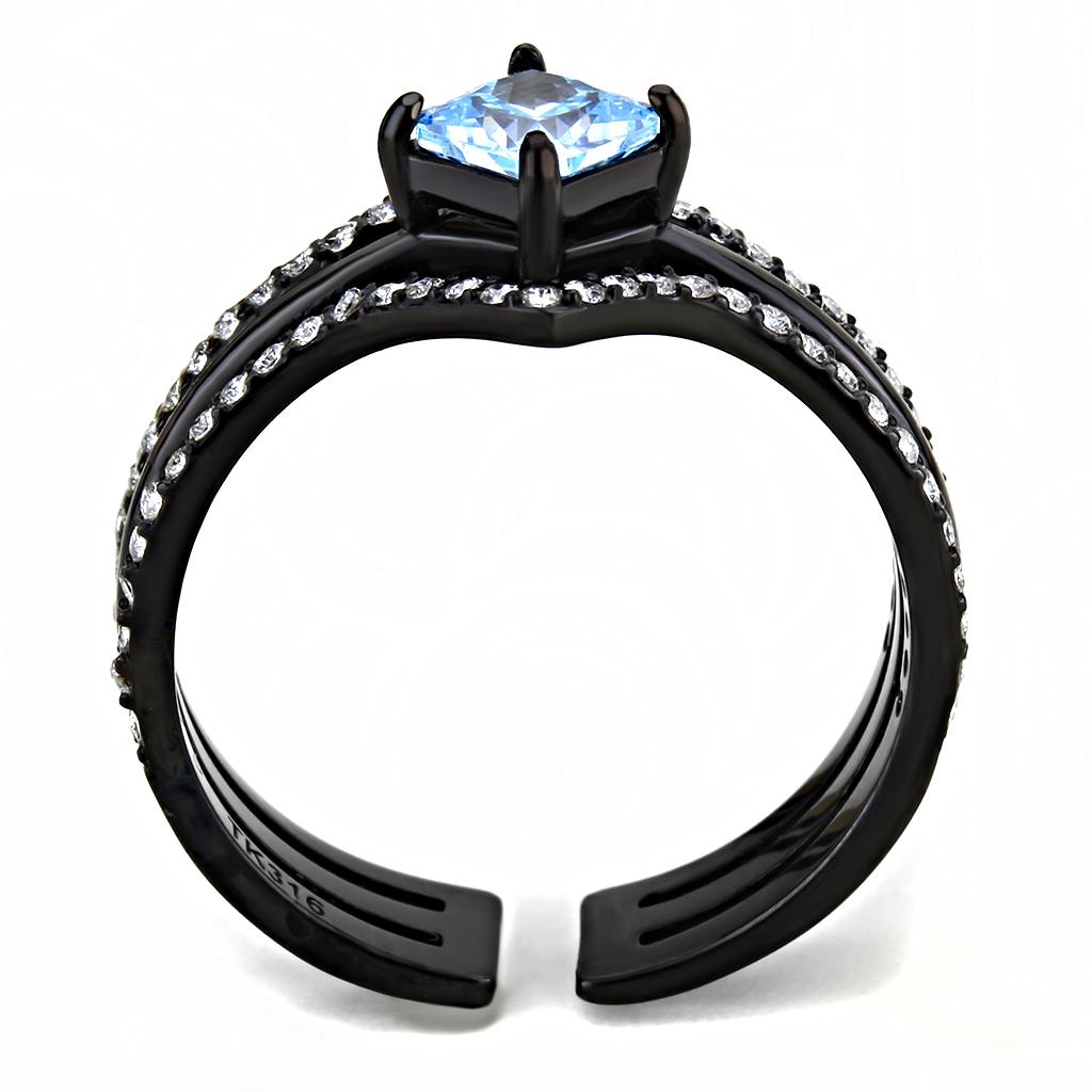 TK3562 - IP Black(Ion Plating) Stainless Steel Ring with AAA Grade CZ  in Sea Blue-2
