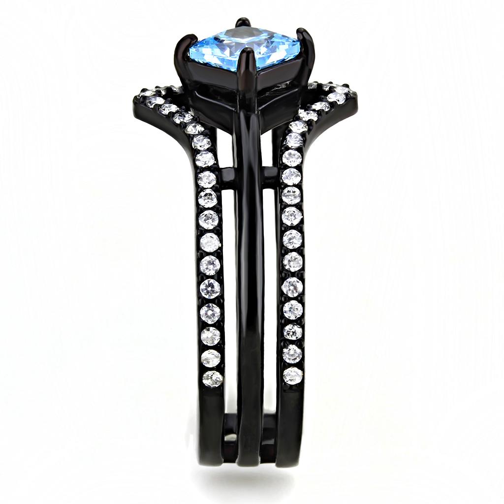TK3562 - IP Black(Ion Plating) Stainless Steel Ring with AAA Grade CZ  in Sea Blue-3