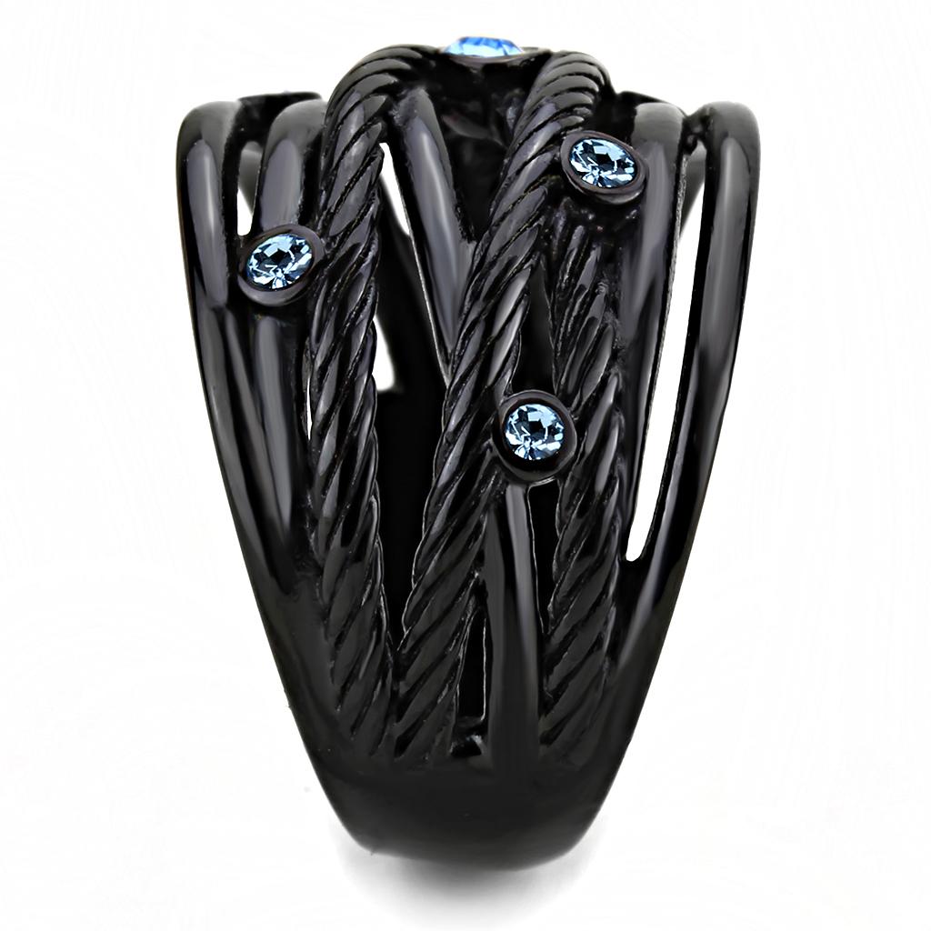 TK3564 - IP Black(Ion Plating) Stainless Steel Ring with Top Grade Crystal  in Sea Blue-3