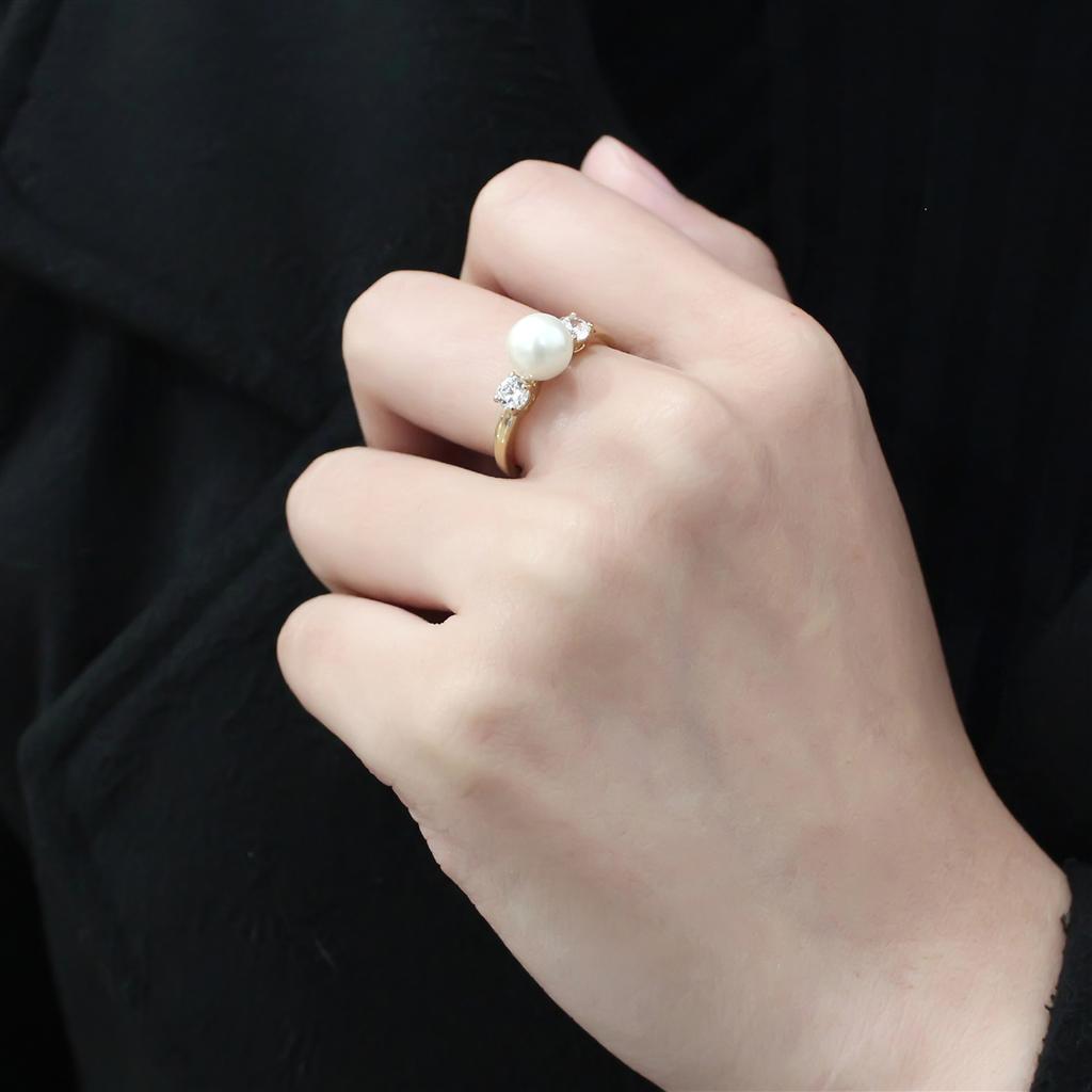 TK3567 - IP Gold(Ion Plating) Stainless Steel Ring with Synthetic Pearl in White-4