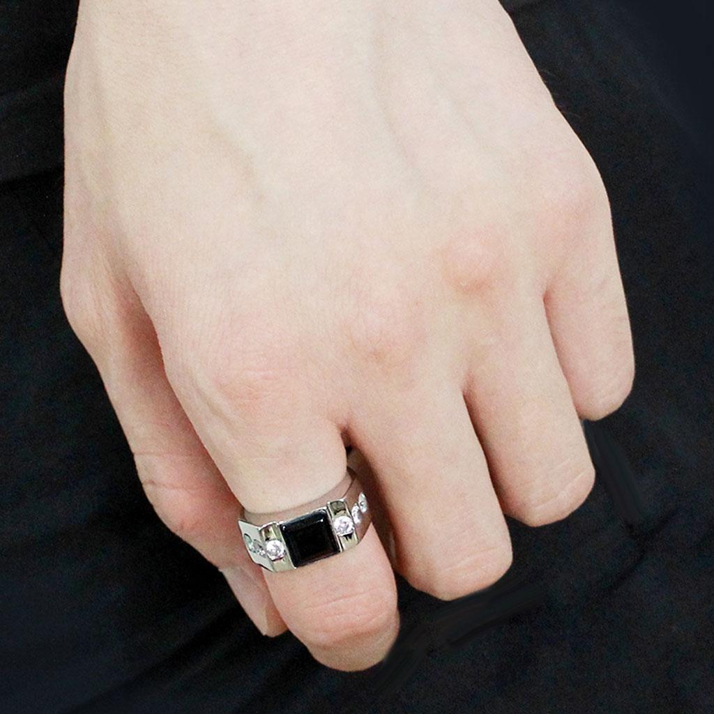 TK3615 - High polished (no plating) Stainless Steel Ring with Synthetic Onyx in Jet-4