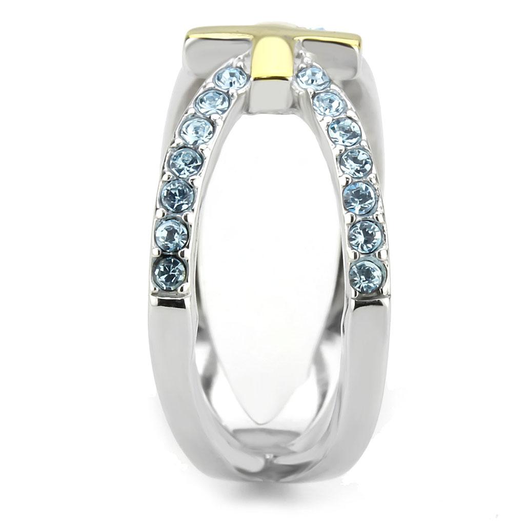 TK3636 - Two-Tone IP Gold (Ion Plating) Stainless Steel Ring with Top Grade Crystal  in Sea Blue-3