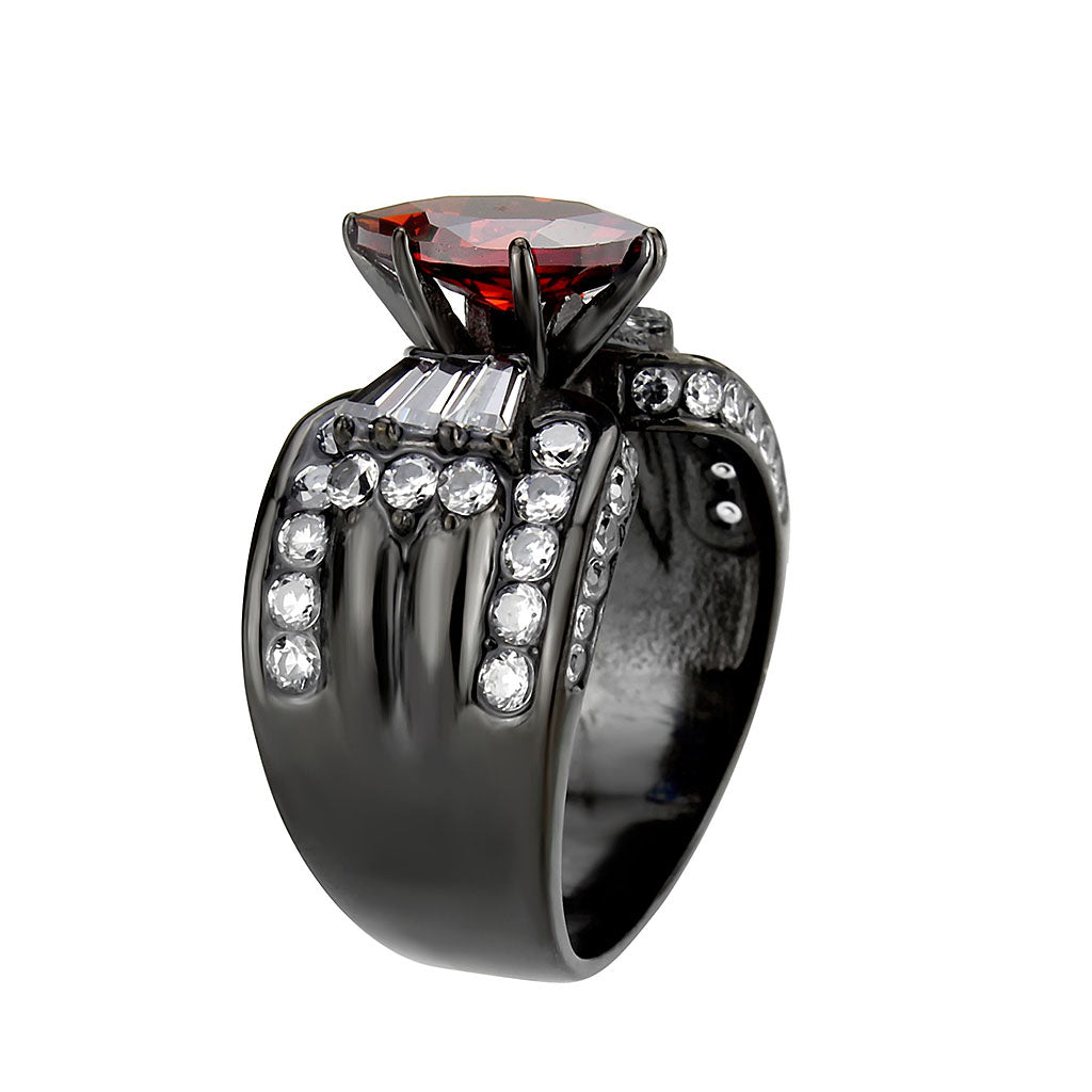 TK3776 - IP Black (Ion Plating) Stainless Steel Ring with AAA Grade CZ in Garnet-3