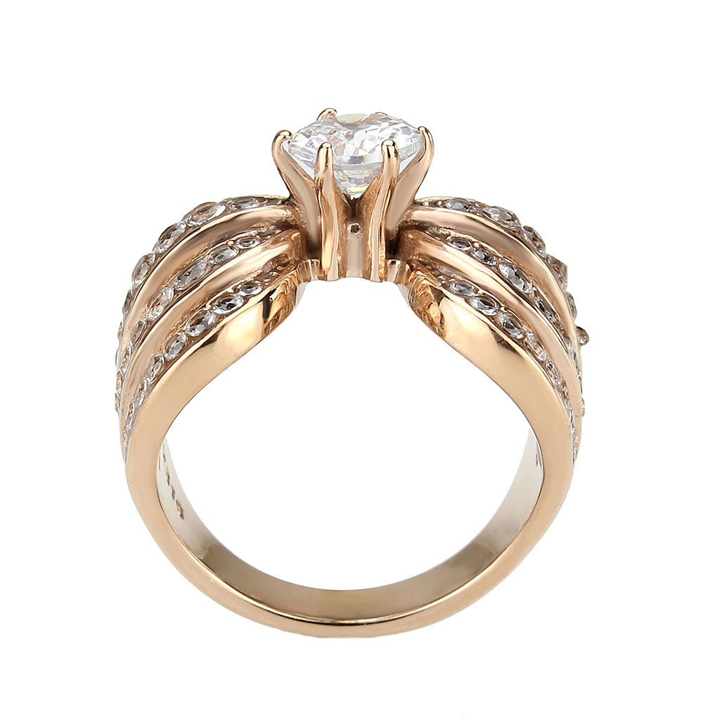 TK3786 - IP Rose Gold(Ion Plating) Stainless Steel Ring with AAA Grade CZ in Clear-2