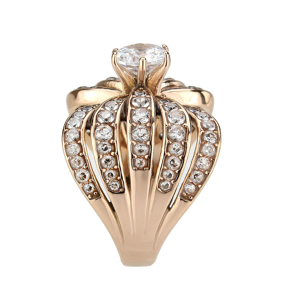 TK3786 - IP Rose Gold(Ion Plating) Stainless Steel Ring with AAA Grade CZ in Clear-3