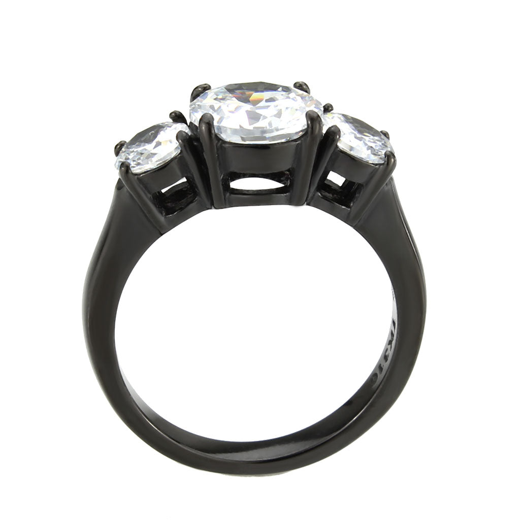 TK3809 - IP Black (Ion Plating) Stainless Steel Ring with AAA Grade CZ in Clear-2